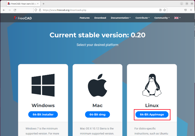 A página de download do FreeCAD