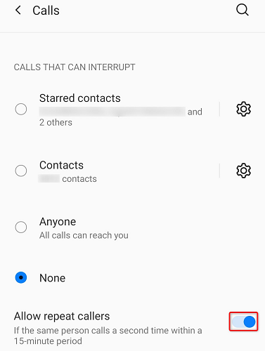 Opção do Android para permitir chamadas repetidas no modo DND.