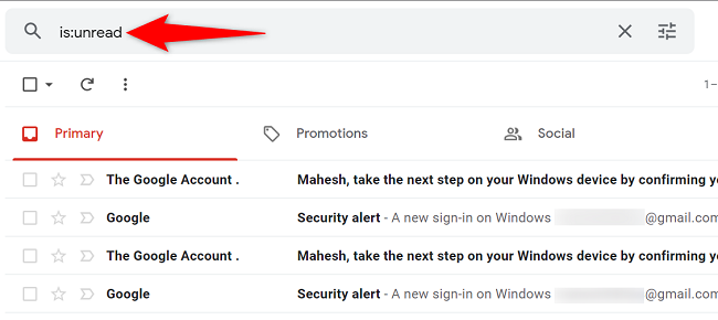 Encontre todos os e-mails não lidos no Gmail.