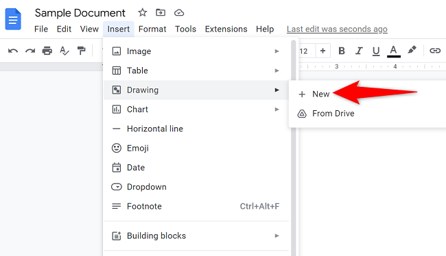 Selecione Inserir > Desenho > Novo.