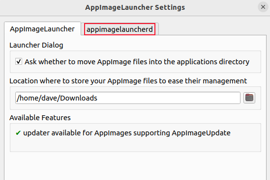 O aplicativo AppImageLauncher com /home/dave/Downloads definido como o diretório monitorado