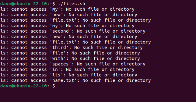 Executando o script files.sh com nomes de arquivos contendo espaços