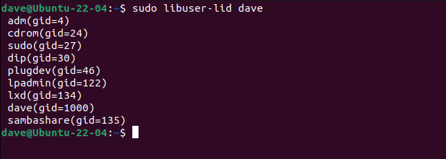 Usando libuser-lid para mostrar os grupos dos quais o usuário Dave é membro