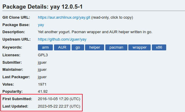 Os detalhes do pacote AUR para os pacotes ayya, com as datas do primeiro envio e da última atualização destacadas