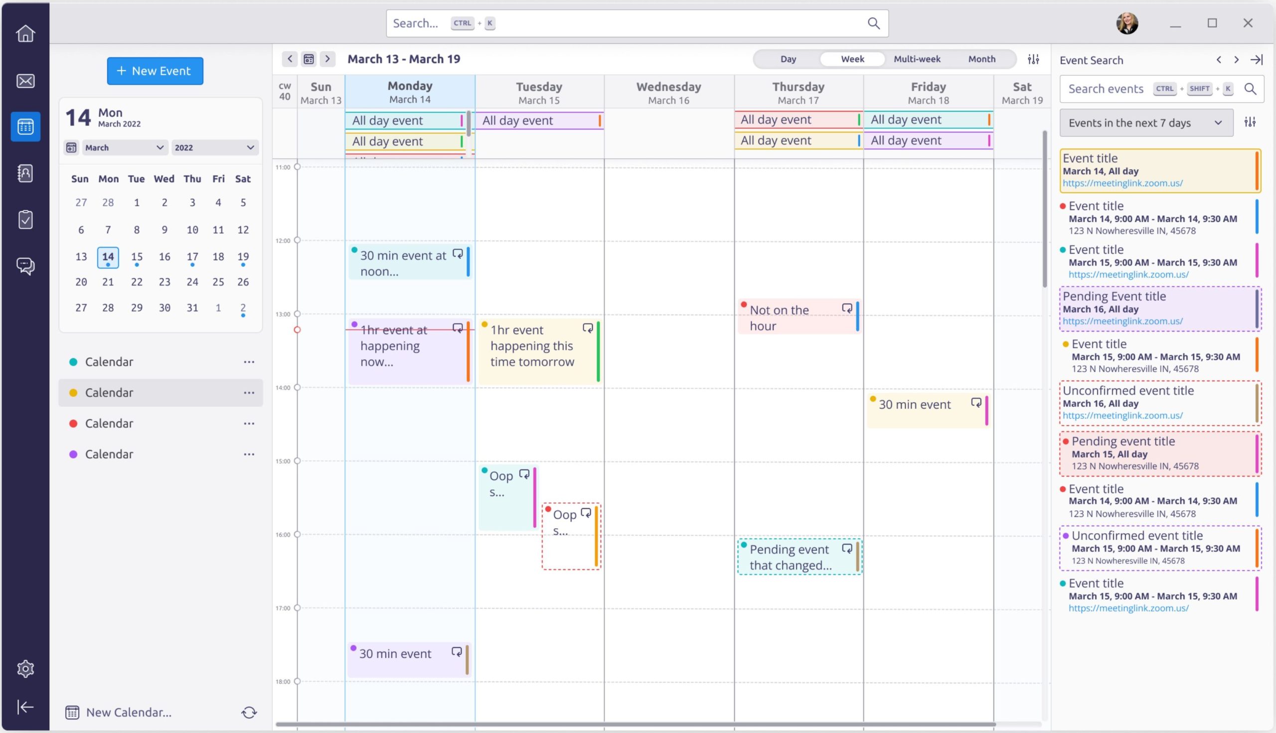 Captura de tela da maquete do calendário Thunderbird