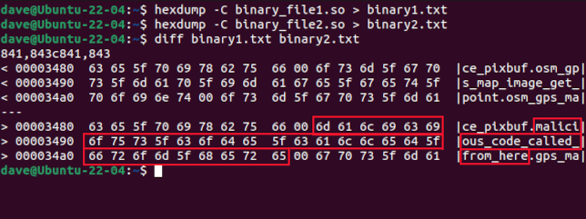 Redirecionando hexdump para criar dois arquivos de texto e usando diff para comparar os arquivos de texto