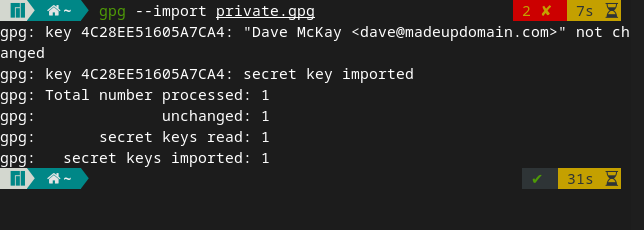 Confirmação das chaves GPG privadas importadas