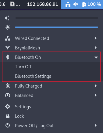 Menu do sistema com opção de menu Bluetooth expandida