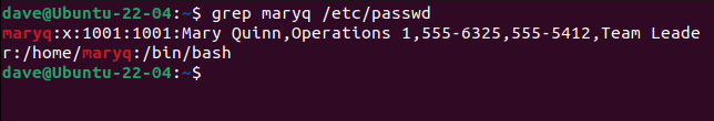 Olhando para a entrada em /etc/passwd para o novo usuário, com grep