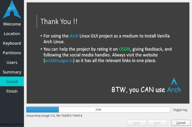 A tela de informações do instalador do Arch Linux Calamares