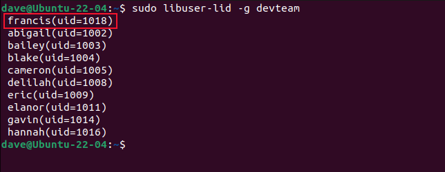 usando libuser-lid para listar os membros do grupo devteam