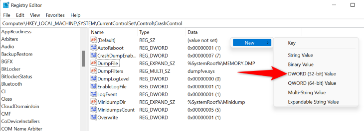 Selecione Novo> DWORD (valor de 32 bits).