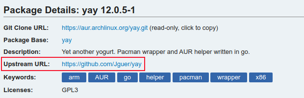 Os detalhes do pacote AUR para os pacotes ayya, com o URL upstream destacado
