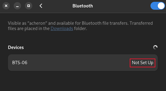 Painel de configurações de Bluetooth com um dispositivo Bluetooth detectado, mas não emparelhado listado