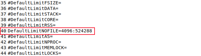 O valor DefaultLimitNOFILE no arquivo user.conf