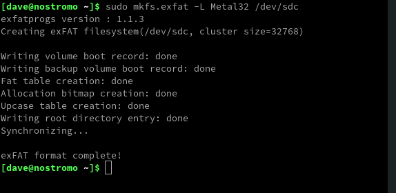 Criando o sistema de arquivos exFAT na unidade USB3