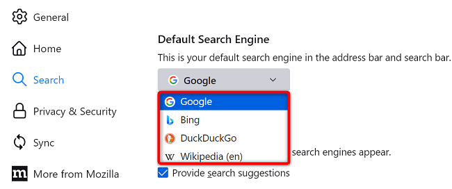Clique no menu suspenso e escolha um mecanismo de pesquisa que não seja do Bing.