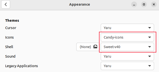Selecionando os ícones Candy e temas de shell Sweet GNOME na ferramenta GNOME Tweaks