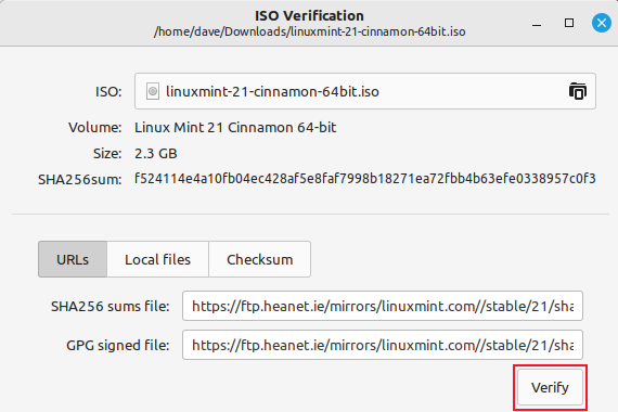 O aplicativo de verificação ISO Linux Mint 21.1 com os campos de soma de verificação e assinatura GPG preenchidos automaticamente