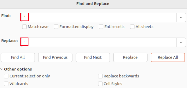 Usando localizar e substituir do LibreOffice Calc para substituir aspas por apóstrofos