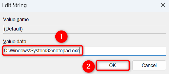 Digite o caminho do Bloco de Notas e selecione