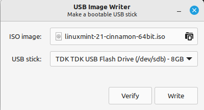 O aplicativo Linux Mint 21.1 USB Image Writer