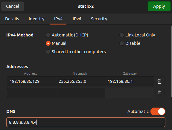 Fornecer os detalhes da conexão IPv4 para um novo perfil de conexão no