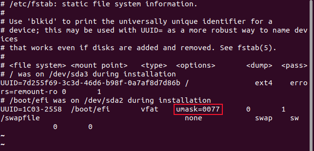 A configuração umask no arquivo /etc/fstab