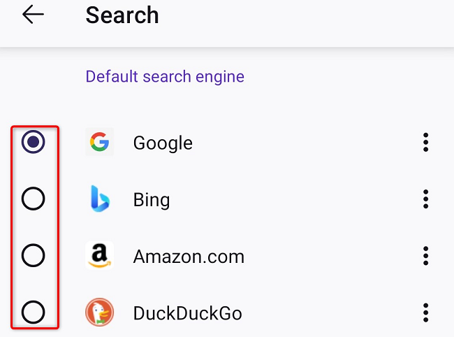 Toque no botão de opção ao lado de um mecanismo de pesquisa que não seja do Bing.