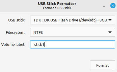 O aplicativo Linux Mint 21.1 USB Stick Formatter