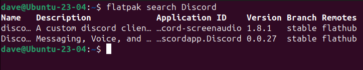 Procurando o aplicativo Discord usando o comando flatpak em uma janela de terminal