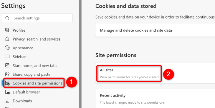 Selecione Cookies e permissões de site > Todos os sites.