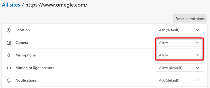 Deixe o Omegle usar a câmera e o microfone no Edge.