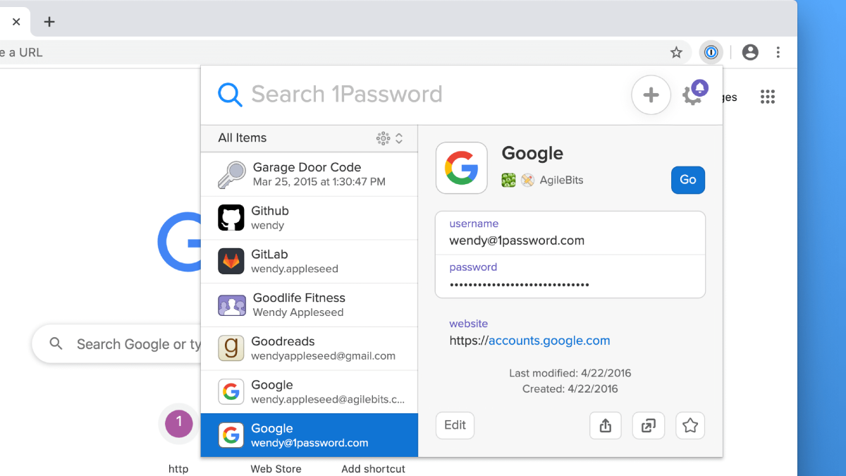 Senhas armazenadas no 1Password