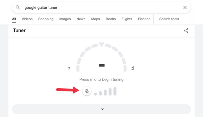 O botão do microfone do Google Guitar Tuner