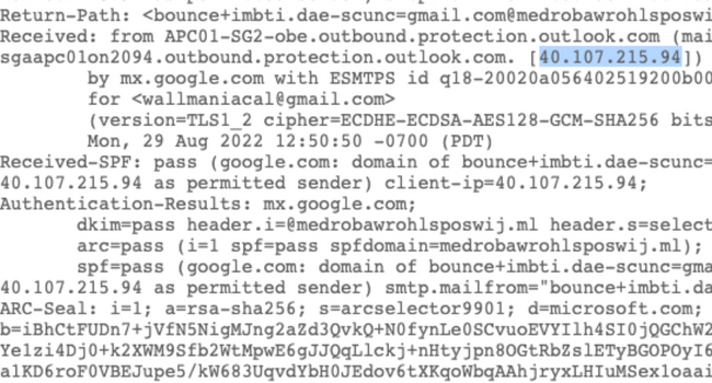 Cabeçalho de e-mail do Gmail com endereço IP destacado