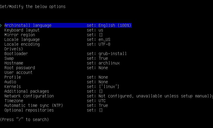 O script do archinstaller do Arch Linux mostrando uma lista de opções