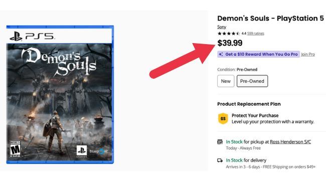 Página de produtos usados ​​​​de Demon's Souls GameStop