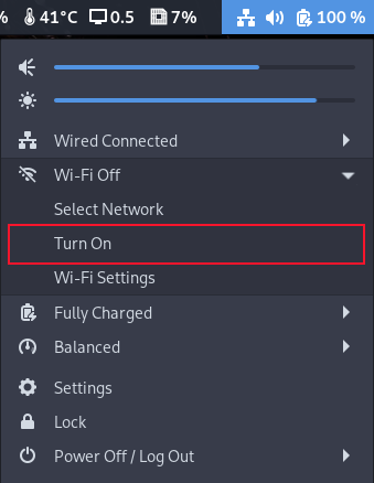 Menu do sistema com as opções de Wi-Fi expandidas