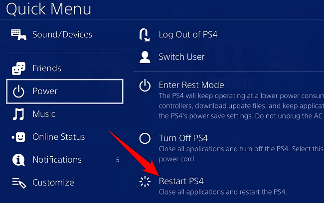 Selecione Energia > Reiniciar PS4.