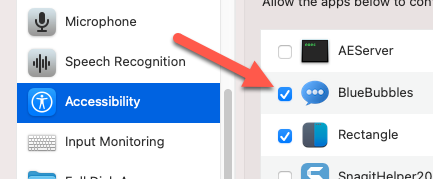 Habilite "BlueBubbles" para ter acesso à "Acessibilidade".