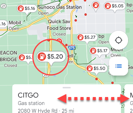 Preços do gás no Google Maps para celular.