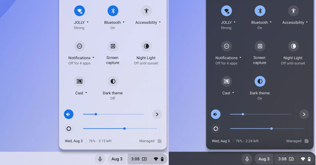 Tema claro e escuro em um Chromebook.