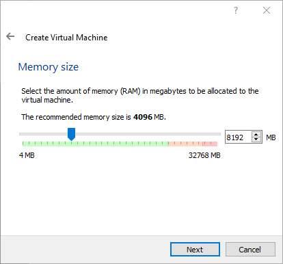 Defina o tamanho da memória para pelo menos quatro gigabytes, mas use oito se puder poupar RAM.