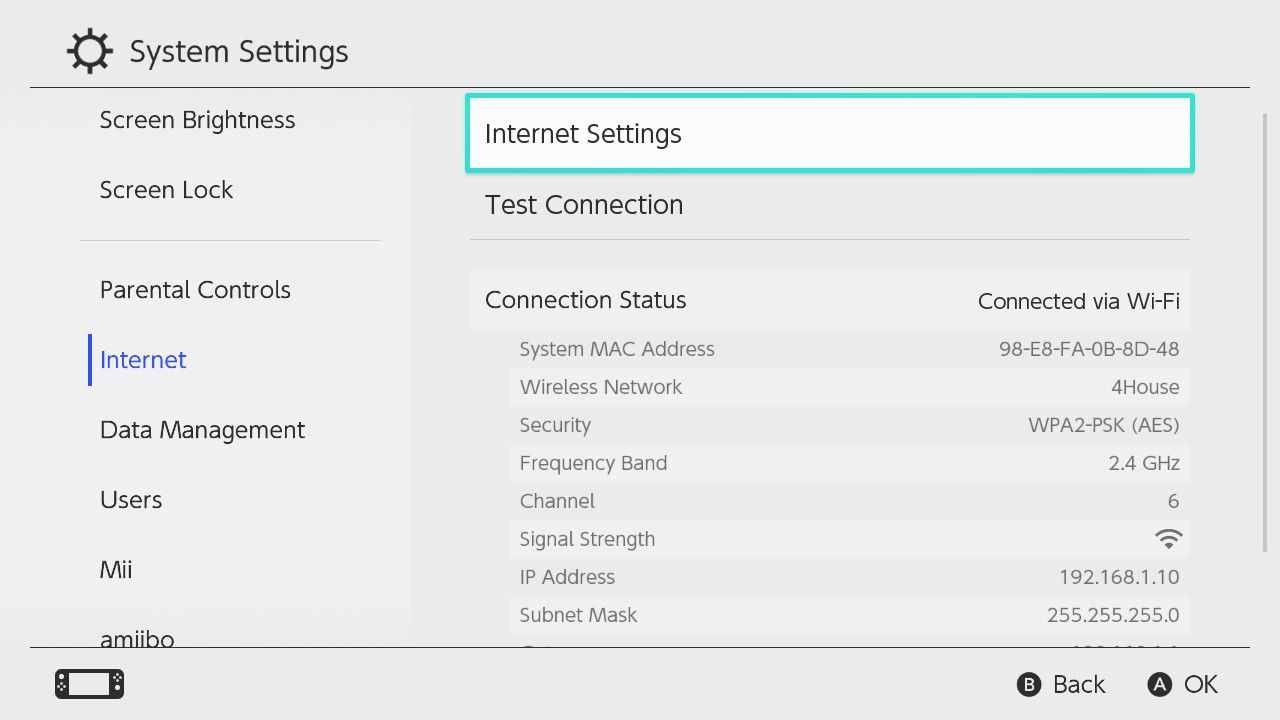 Selecione "Configurações da Internet" no switch.
