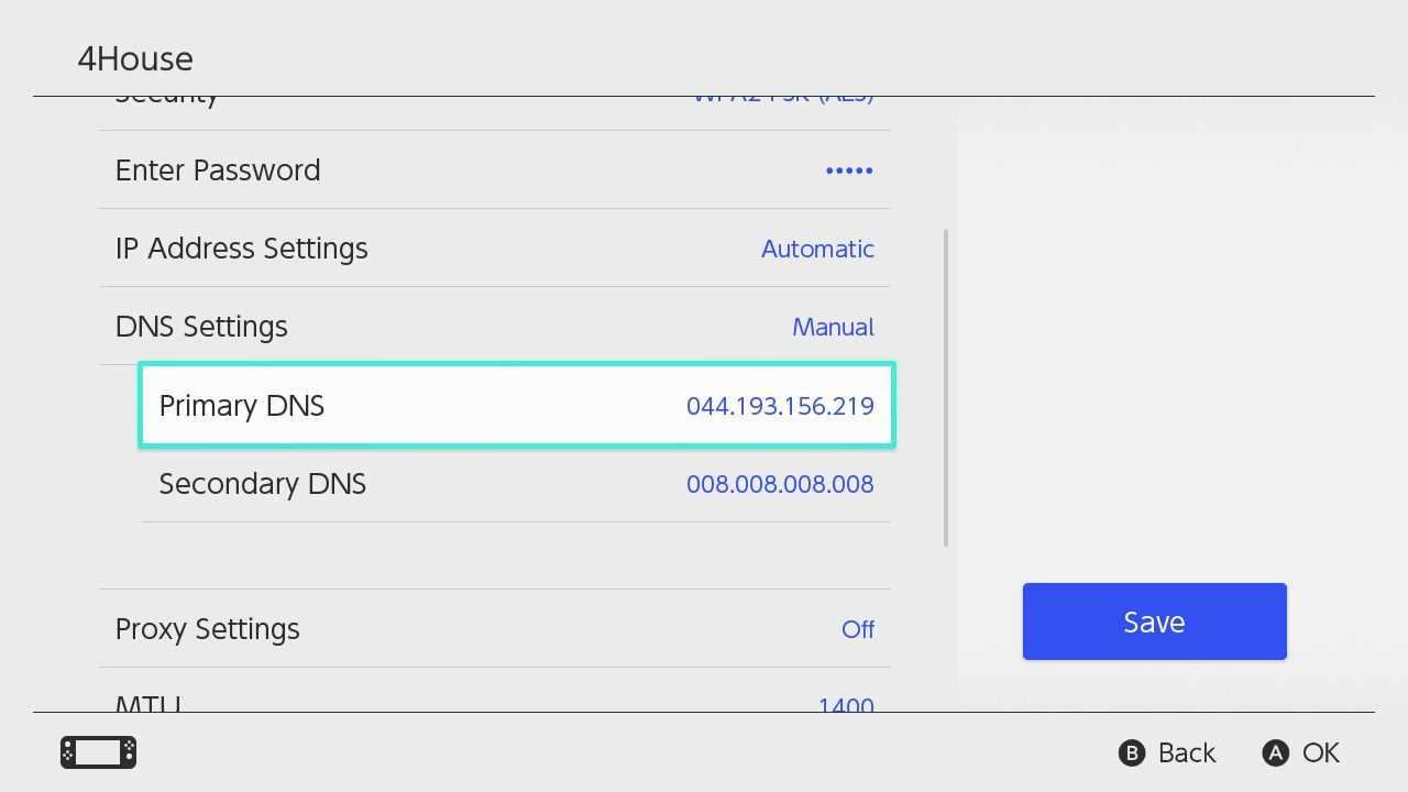 Configurações de DNS após entrar em seu novo servidor DNS primário.