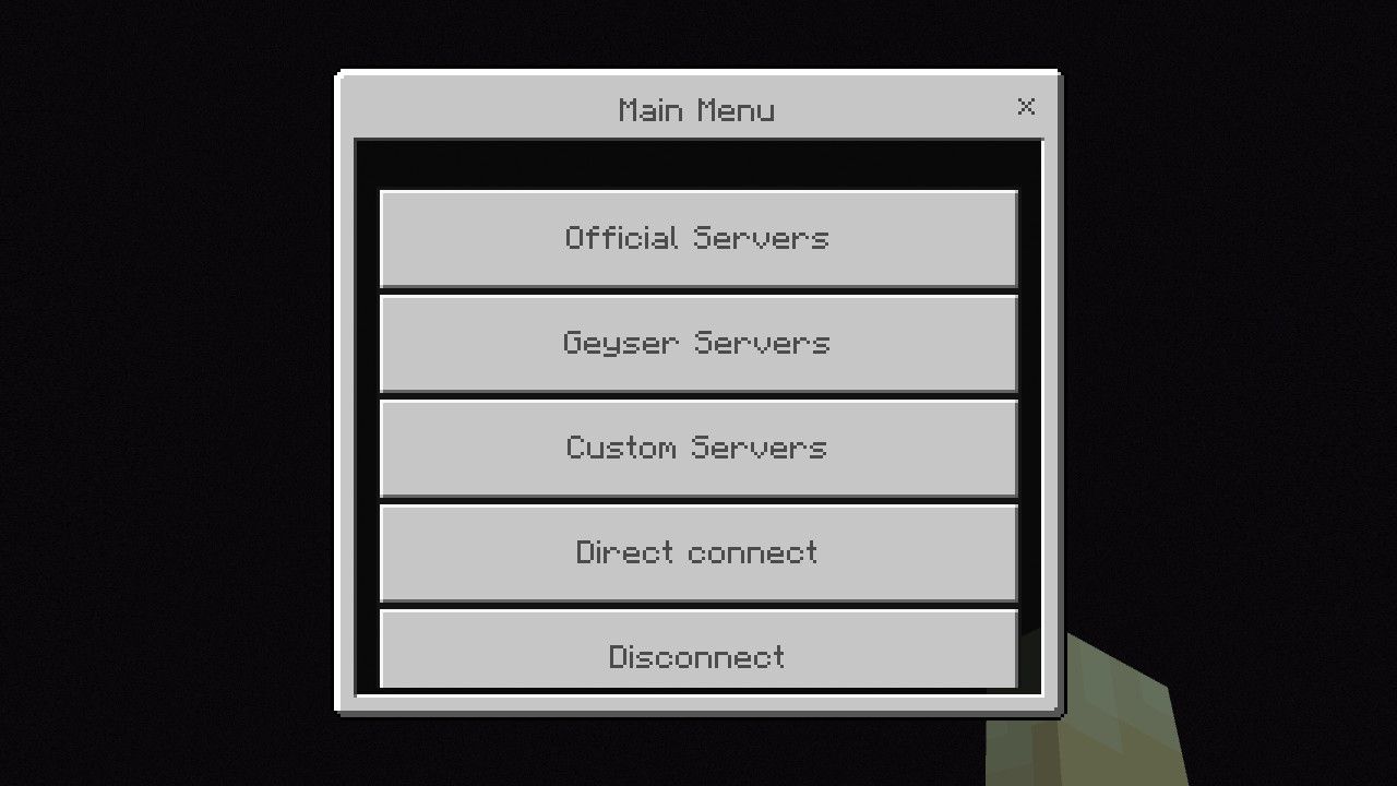 Uma tela de menu que permite a conexão com servidores não oficiais do Minecraft no Switch.