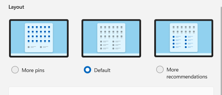 Opções de layout do menu Iniciar do Windows 11.