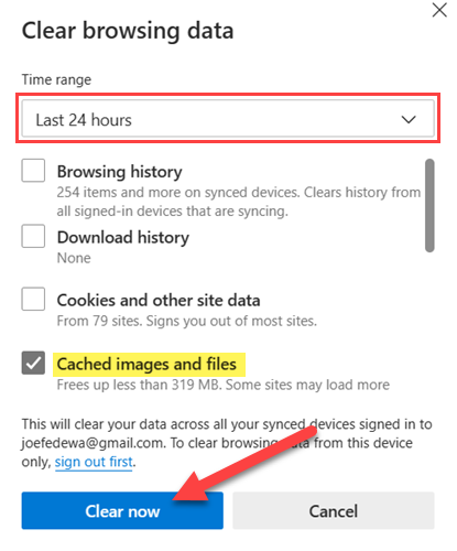Escolha um intervalo de tempo, selecione “Arquivos e imagens em cache” e selecione “Limpar agora”.