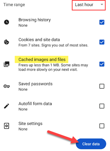 Escolha um intervalo de tempo, selecione “Arquivos e imagens em cache” e selecione “Limpar agora”.